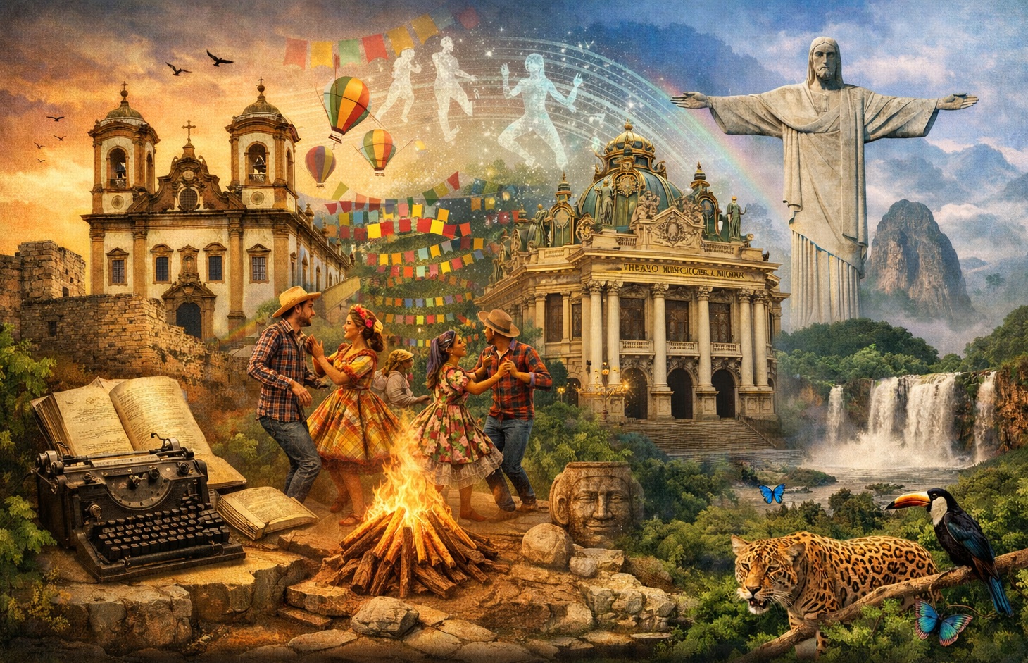 A imagem apresenta uma composição simbólica e integrada das múltiplas dimensões do patrimônio brasileiro, contemplando o patrimônio histórico, cultural, material, imaterial e natural. Imagem criada por IA do ChatGPT