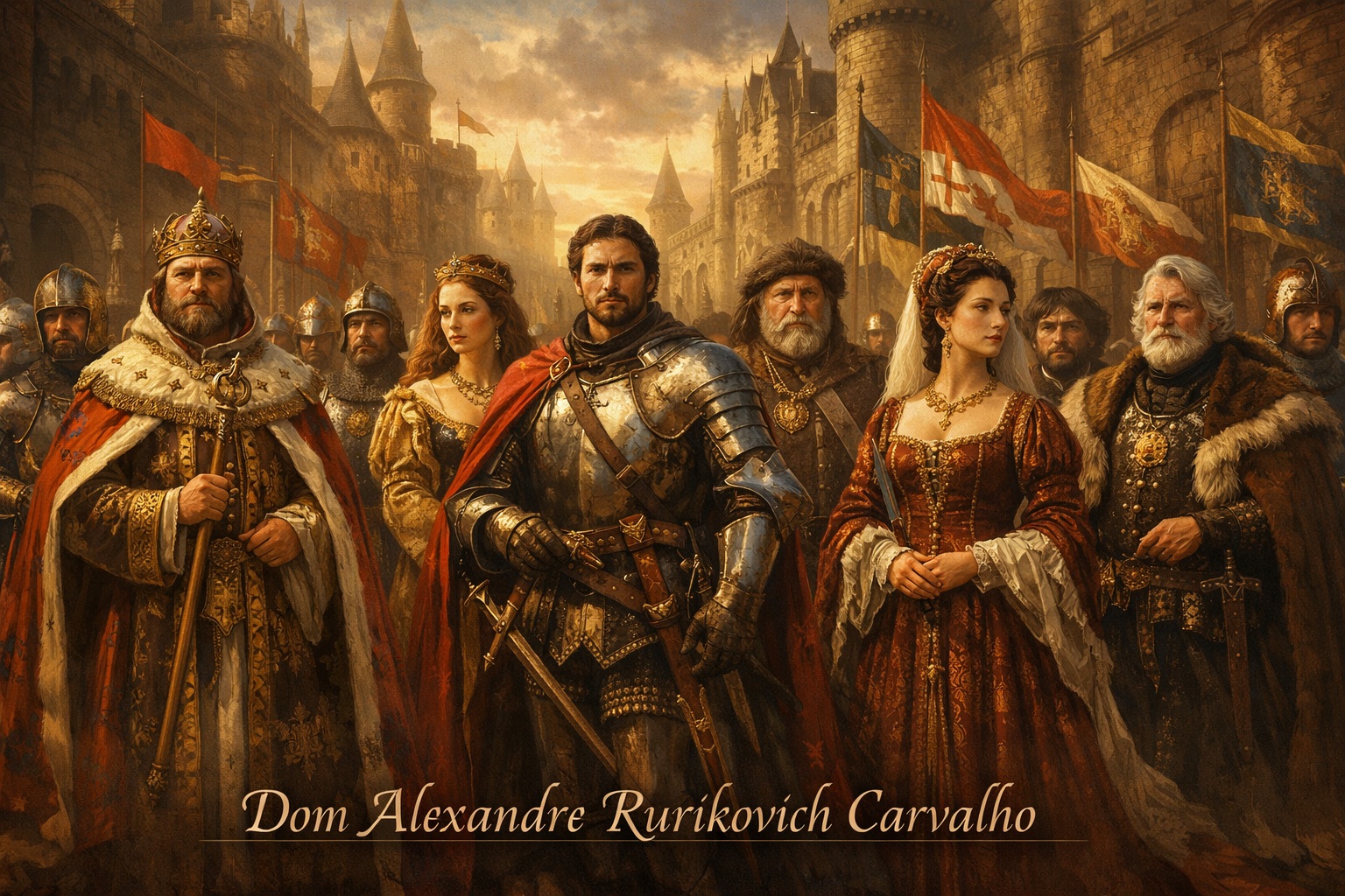 Uma cena imponente de nobreza medieval, com reis, nobres e cavaleiros reunidos diante de um castelo, simbolizando poder, tradição e grandiosidade histórica, com assinatura autoral em destaque - Imagem gerada pelo ChatGPT