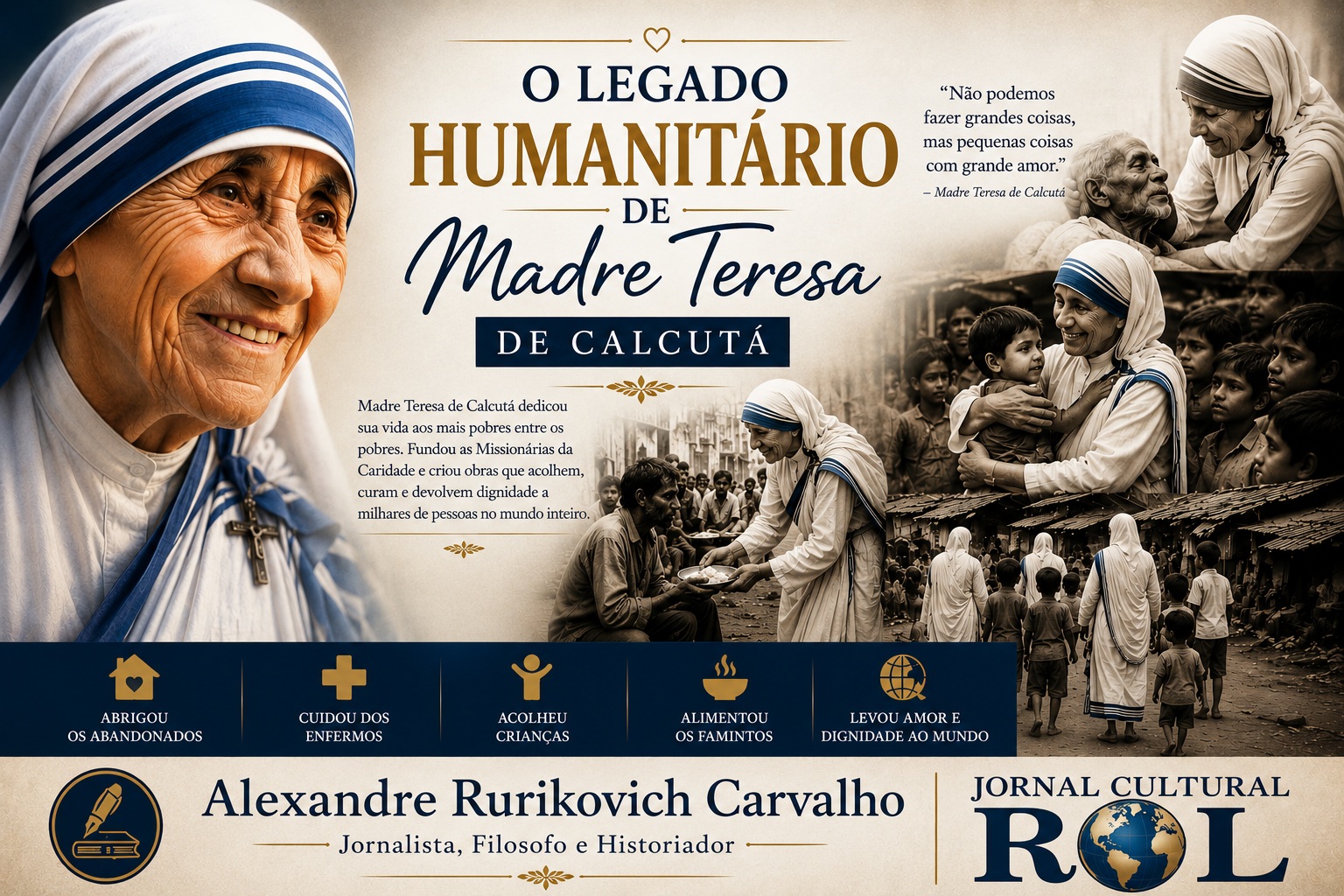 A imagem apresenta uma composição artística e humanitária dedicada ao legado de Madre Teresa de Calcutá.  Em destaque, aparece um grande retrato da religiosa, acompanhado de cenas que retratam seu trabalho junto aos  pobres, enfermos e crianças necessitadas. A arte utiliza tons suaves e elegantes, transmitindo sentimentos de  compaixão, solidariedade e esperança. O design valoriza a dimensão humanitária de sua missão, ressaltando sua  atuação em favor da dignidade humana e do amor ao próximo. Imagem criada por IA.