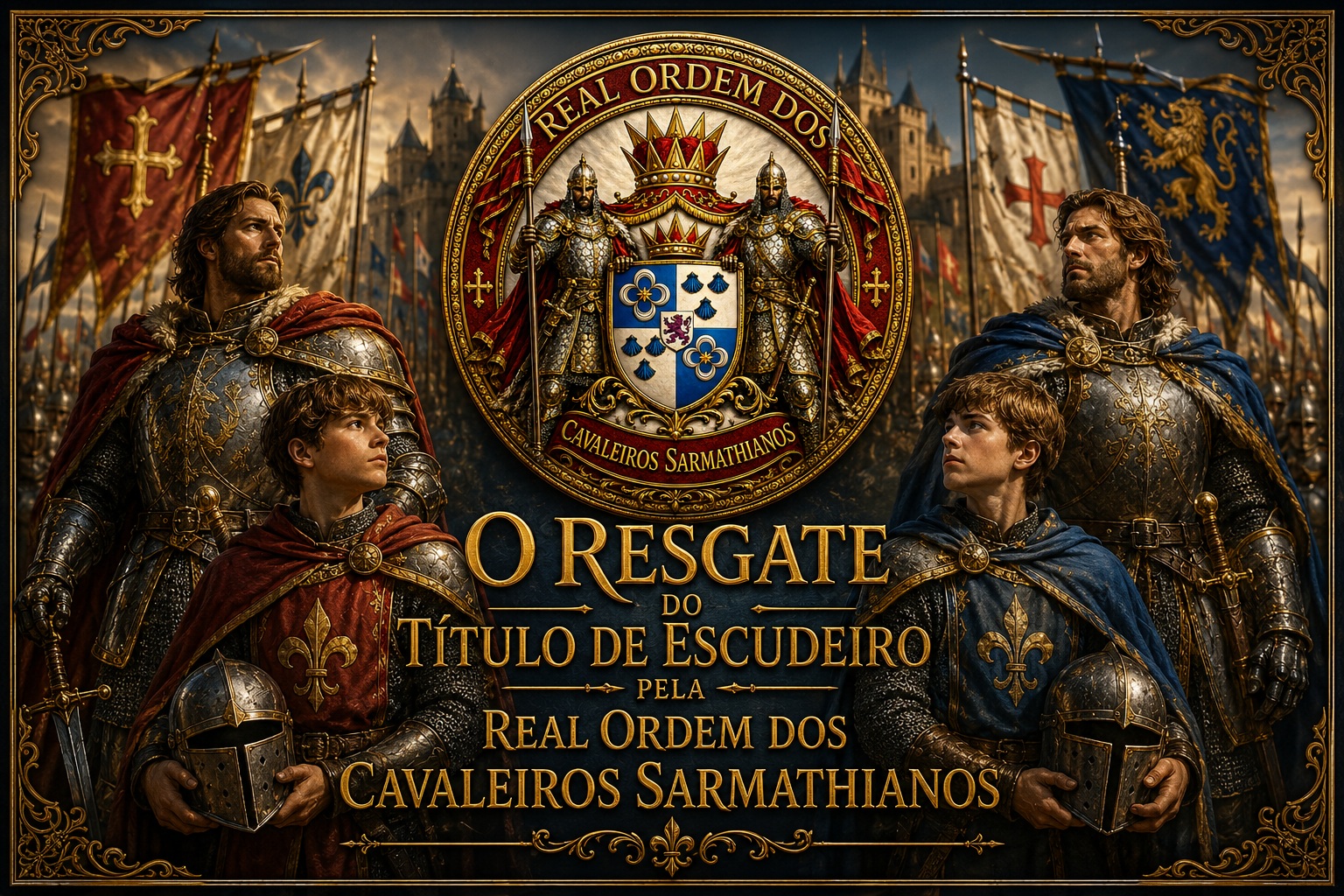 Arte oficial em estilo medieval representando o resgate do Título de Escudeiro pela Real Ordem dos Cavaleiros Sarmathianos, destacando tradição, honra e legado histórico. A composição apresenta dois jovens escudeiros e dois cavaleiros diante do brasão da Ordem, simbolizando a continuidade da formação cavaleiresca e dos valores ancestrais. A estética solene e heráldica reforça a preservação do patrimônio histórico, cultural e imaterial da Augustíssima e Soberana Casa Real e Imperial dos Godos de Oriente. Imagem criada pela IA do ChatGPT
