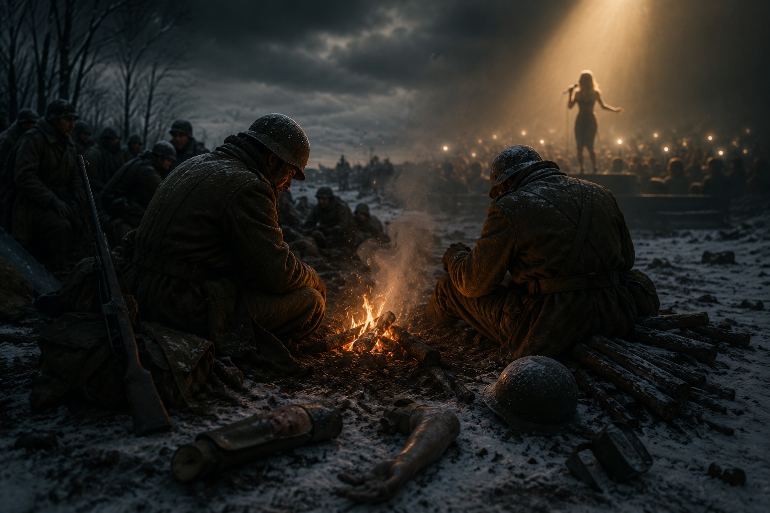 Cena simbólica e cinematográfica em um campo de batalha coberto de neve ao entardecer. Em primeiro plano, dois soldados exaustos, vestindo pesados uniformes de inverno cobertos por neve, estão agachados diante de uma pequena fogueira, aquecendo as mãos. Ao redor, há troncos parcialmente queimados, capacetes, mochilas e um rifle apoiado no chão. Ao fundo, outros soldados permanecem dispersos na paisagem gelada e escura. Em forte contraste, à direita da imagem, uma cantora aparece sobre um palco iluminado por um intenso facho de luz dourada, diante de uma multidão desfocada. A composição contrapõe o anonimato, o sofrimento e o sacrifício dos combatentes ao brilho, à fama e ao espetáculo, criando uma atmosfera melancólica e reflexiva.