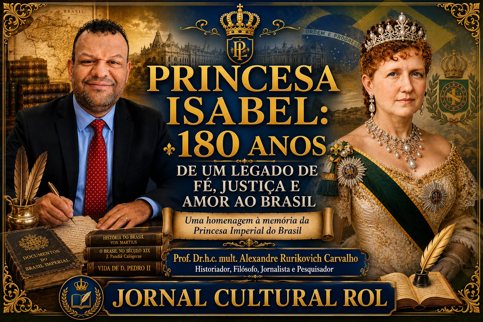 Card comemorativo do Jornal Cultural ROL em tons dourados e azul-escuro. À esquerda, um homem sorridente de terno escuro, camisa branca e gravata vermelha segura uma pena sobre livros antigos empilhados, cujas lombadas trazem títulos sobre a história do Brasil Imperial. À direita, uma pintura clássica da Princesa Isabel usando coroa, colar de pérolas e trajes imperiais. No centro, destaca-se o texto em letras douradas: "Princesa Isabel: 180 Anos de um legado de fé, justiça e amor ao Brasil". Abaixo, lê-se: "Uma homenagem à memória da Princesa Imperial do Brasil" e a assinatura do autor: "Prof. Dr.h.c. mult. Alexandre Rurikovish Carvalho - Historiador, Filósofo, Jornalista e Pesquisador". Na base, uma faixa azul-escura exibe o logotipo e o nome "Jornal Cultural ROL".