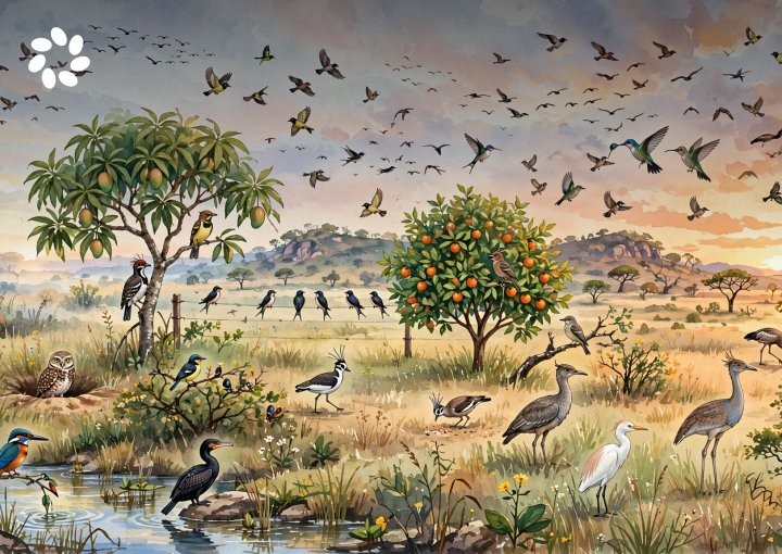 Ilustração em aquarela do cerrado ao entardecer. Há uma mangueira e uma laranjeira com frutos, um riacho e várias aves nativas: coruja na toca, andorinhas no fio e espécies como garças e seriemas na vegetação rasteira. Um grande bando cruza o céu nublado.