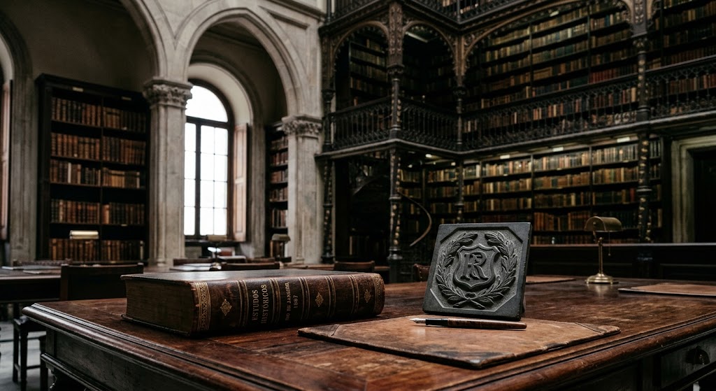 Fotografia conceitual do interior de um centro cultural histórico com estantes de livros antigos ao fundo e detalhes de arquitetura clássica em tons quentes.