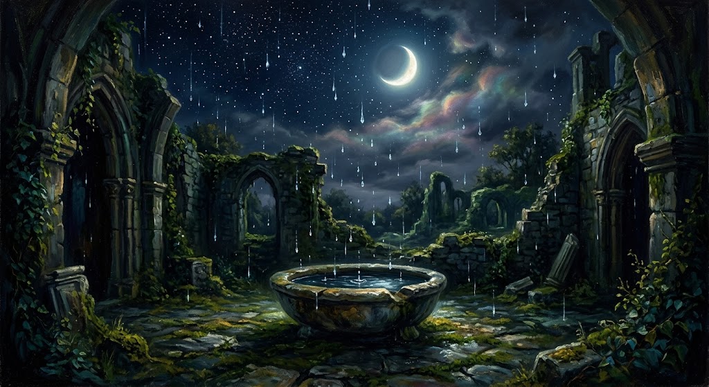 Pintura artística e poética de uma lua crescente iluminando uma bacia entre escombros sob uma chuva suave, ilustrando o poema de Elisa Mascia.