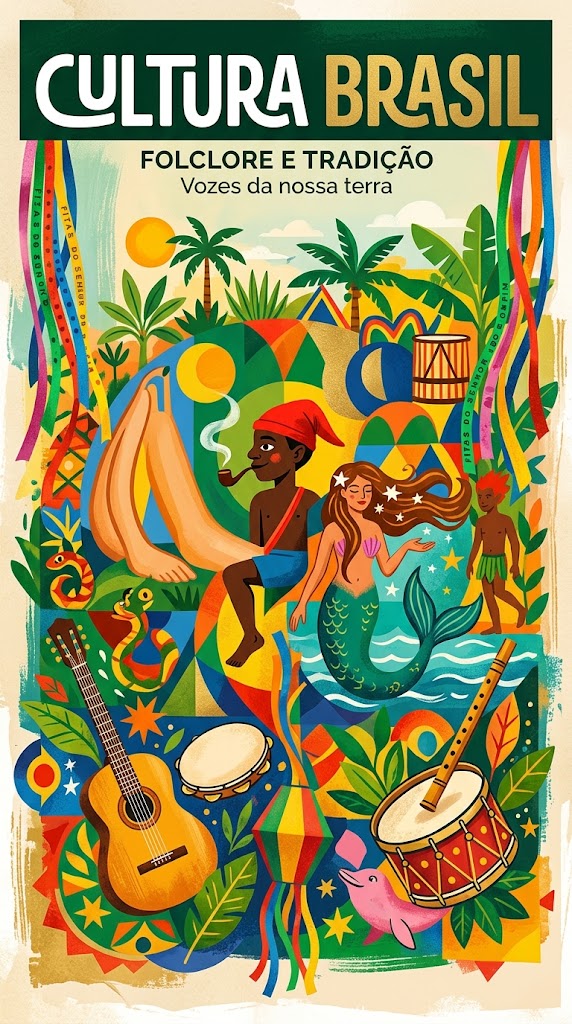 Ilustração digital e colorida em estilo de colagem modernista, contendo silhuetas e elementos da cultura e do folclore popular brasileiro.
