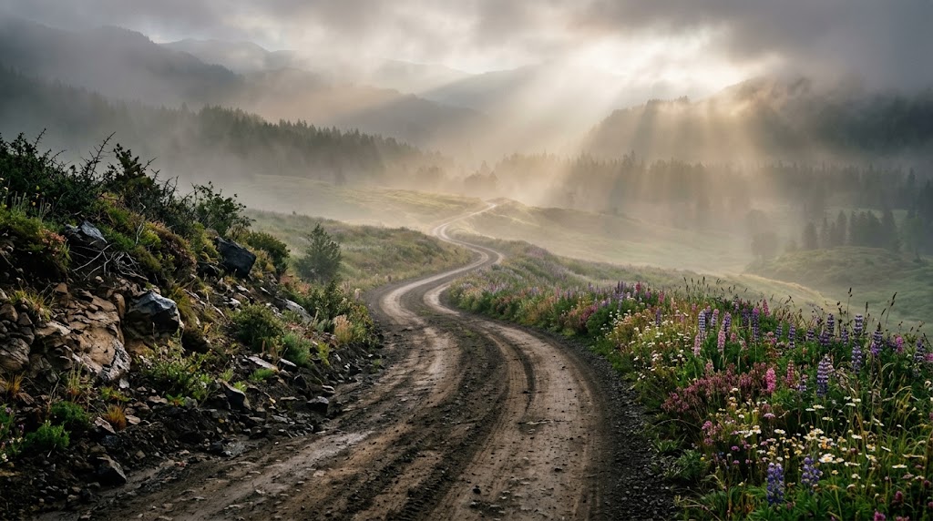 lustração do poema Caminho mostrando uma estrada sinuosa cercada por flores e pedras sob uma luz suave e enevoada.