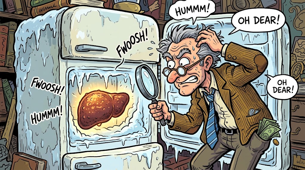 Ilustração bem-humorada de um professor de história olhando para uma geladeira velha e quebrada, ilustrando o poema de Bahtiyar Hidayet.