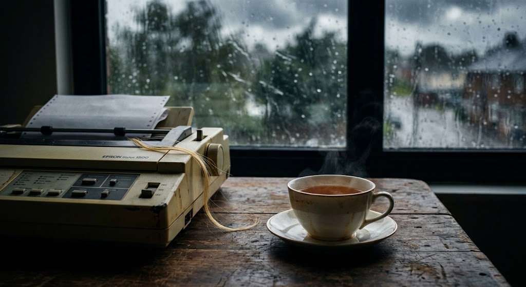 Fotografia em estilo fine art com iluminação dramática e melancólica. Em primeiro plano, sobre uma mesa de madeira rústica, há uma xícara de porcelana soltando fumaça com chá âmbar e uma impressora vintage ao lado. Poucos fios delicados de cabelo loiro-dourado repousam sobre a borda da impressora. Ao fundo, uma janela embaçada revela uma tempestade com chuva e vento fortes.