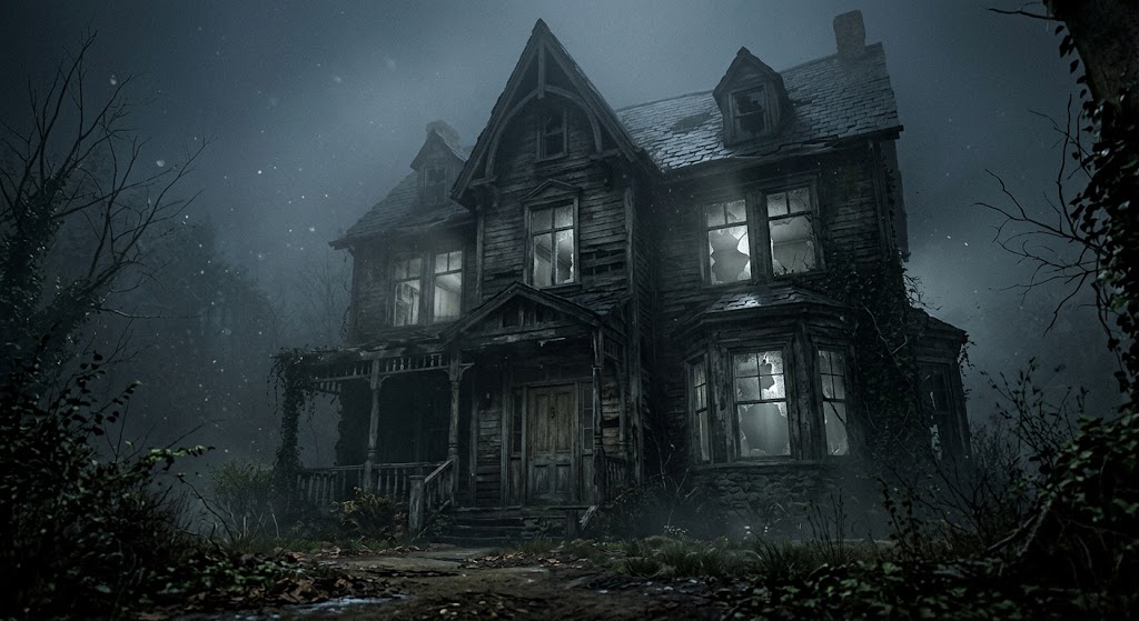 Fotografia noturna de uma fachada de casa antiga e abandonada, cercada por névoa, com luz cinzenta saindo pelas frestas das janelas de madeira.