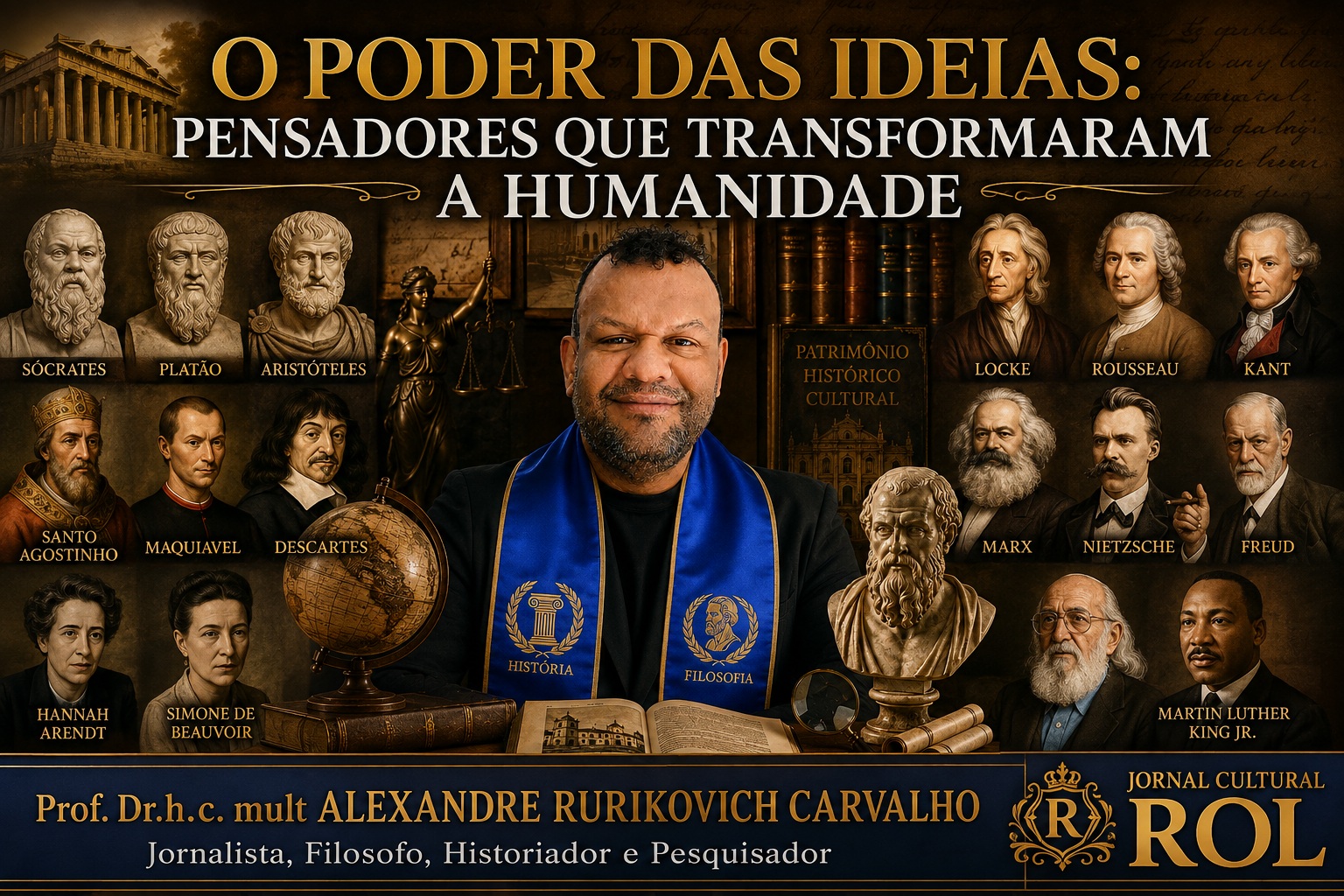 Montagem fotográfica com o Professor Alexandre Rurikovich Carvalho ao centro, ladeado por bustos e retratos de 15 grandes pensadores da história, como Sócrates, Platão, Marx, Beauvoir e Martin Luther King Jr. No topo, o título 'O Poder das Ideias: Pensadores que Transformaram a Humanidade'. Abaixo, o logotipo do Jornal Cultural ROL.