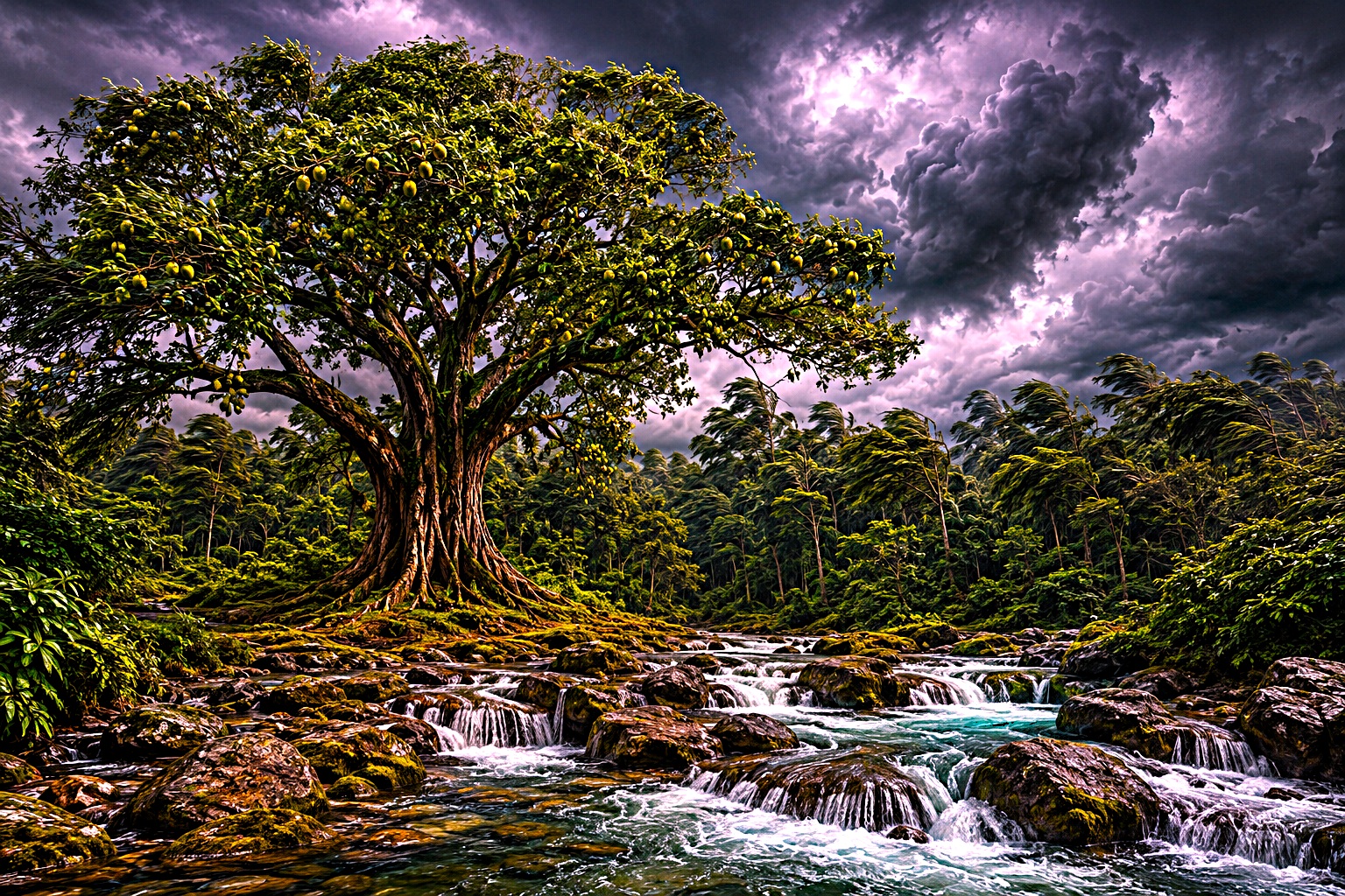 Fotografia artística de uma imensa árvore antiga com raízes expostas sobre rochas. Em primeiro plano, águas rápidas correm entre pedras. O céu ao fundo está dramático, tomado por nuvens escuras e tons de violeta pré-tempestade. arvore-centenaria-conto-evani-rocha.png