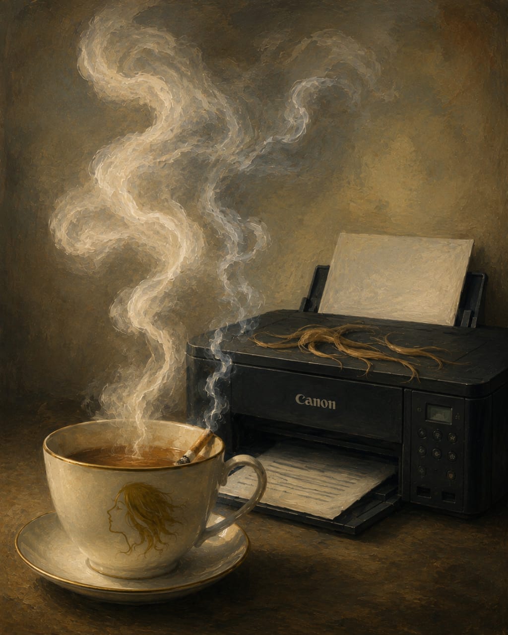 Uma pintura a óleo surrealista de uma xícara de chá vintage com a estampa dourada do perfil de uma mulher, contendo um cigarro aceso na borda. Fumaça em espiral sobe da xícara em direção a uma impressora Canon preta ao fundo, onde mechas de cabelo loiro estão sobre a tampa. O título 'TEATIME TRANSMISSION' está no topo. Estilo de arte clássica texturizada em tons sépia e dourado
