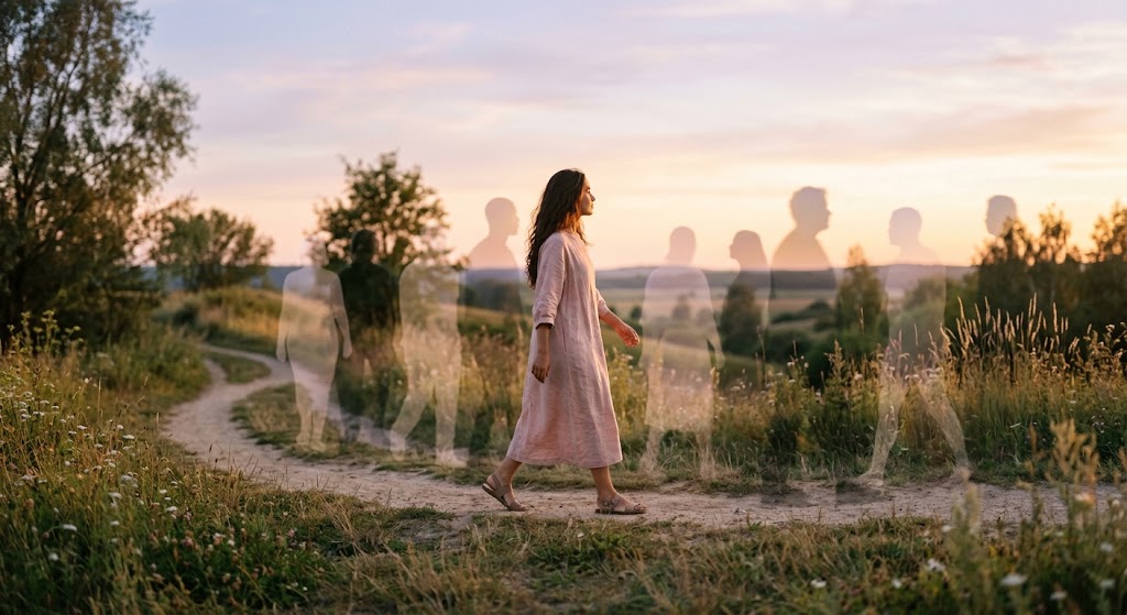 Fotografia conceitual em tons pastéis mostrando o caminho de uma pessoa com passos leves, cercada por silhuetas diversas ao fundo, ilustrando o poema sobre aceitação de Verônica Moreira.