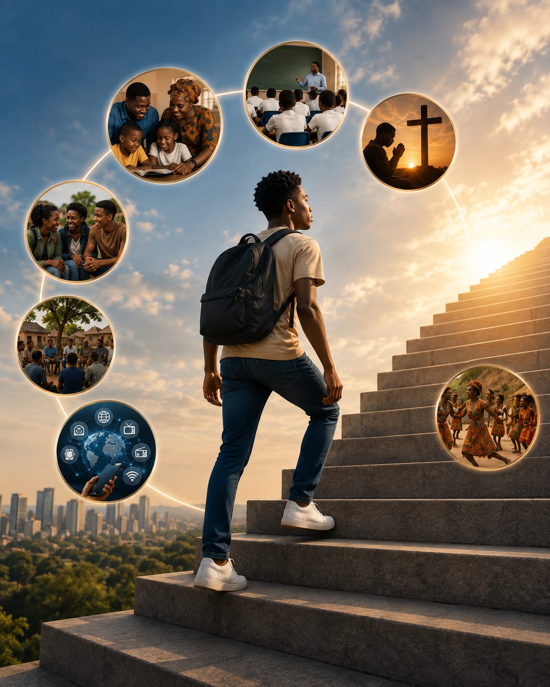 Jovem negro de mochila sobe uma escadaria de pedra rumo ao horizonte. Ao seu redor, círculos flutuantes mostram cenas de sua vida e comunidade: família lendo, sala de aula, fé, amigos, tecnologia e cultura tradicional.