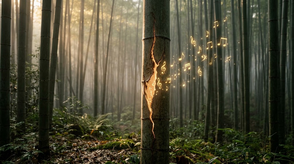 Fotografia conceitual e artística em formato horizontal mostrando uma floresta de bambus envolta em névoa suave. No centro da imagem, um colmo de bambu apresenta uma fenda vertical iluminada por uma luz dourada brilhante. Da abertura, emergem notas musicais e partículas reluzentes que flutuam suavemente pelo ar, enquanto raios de sol quentes atravessam as árvores ao fundo.