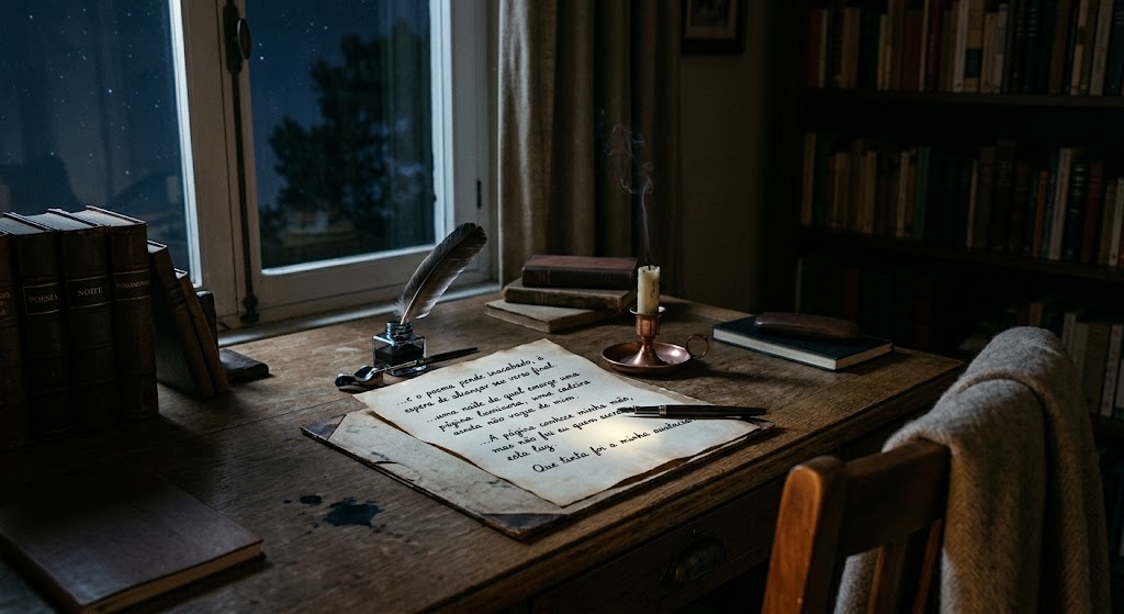 Escrivaninha de madeira à noite diante de uma janela aberta, iluminada por uma página de papel envelhecido que traz versos impressos em português do poema "É o destino". Ao lado, há uma caneta de pena com tinteiro, uma vela apagada soltando fumaça e livros antigos ao fundo.