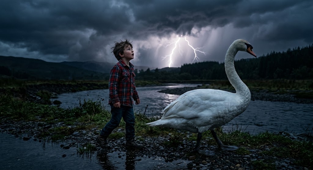Ilustração artística em realismo mágico mostrando um grande cisne branco ao lado de um menino sob um céu de tempestade, representando o conto Tempestade no Rio de Jane Nash.