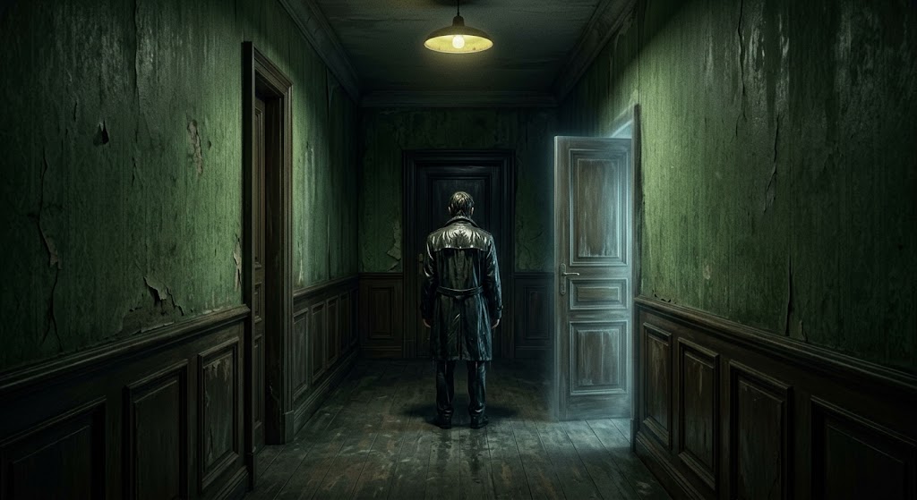 Pintura digital realista de um corredor de apartamento vazio e escuro, onde um homem de costas observa uma segunda porta misteriosa aparecendo do nada na parede.