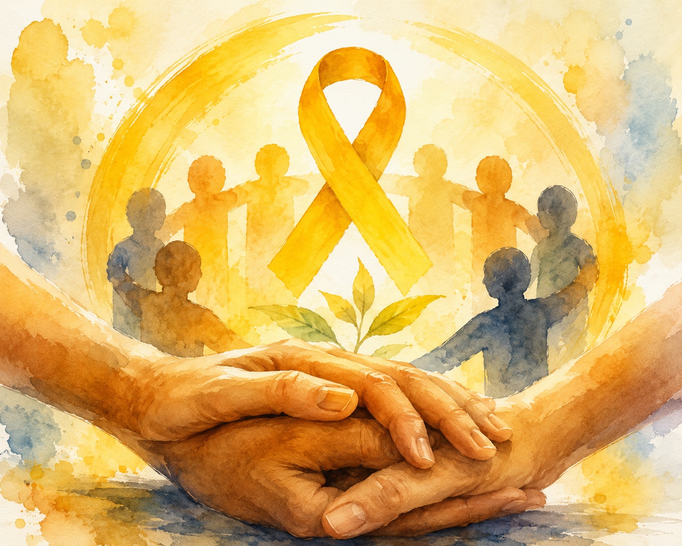 Laço dourado simbolizando união e esperança, cercado por pessoas de diferentes origens e mãos que protegem uma pequena planta, em aquarela.