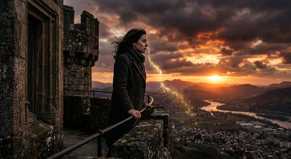 Ilustração conceitual sobre resiliência mostrando uma pessoa no alto de uma torre observando o pôr do sol, representando o poema Se der de Jakob Kapingala.