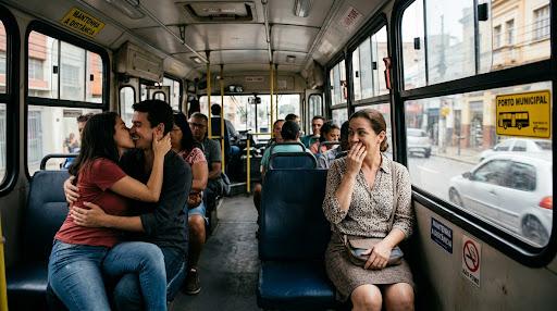 Uma foto tirada dentro de um ônibus urbano em movimento. No lado esquerdo, um jovem casal está se beijando apaixonadamente no assento, com o homem segurando a mulher no colo. No lado direito, uma mulher sentada ao lado da janela ri, cobrindo a boca com a mão, enquanto olha para o casal. Outros passageiros são visíveis ao fundo, e uma rua da cidade pode ser vista pelas janelas.