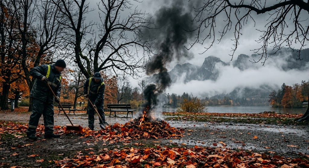 Fotografia conceitual de um parque no outono com árvores sem folhas, névoa branca cobrindo montanhas ao fundo e fumaça escura subindo de folhas queimadas no chão.