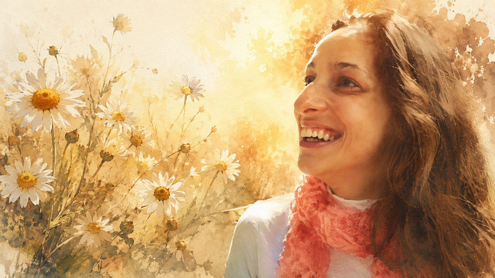 Retrato artístico em aquarela de uma mulher sorridente, com cabelos longos e cacheados e lenço coral, cercada por margaridas sob luz dourada de fim de verão