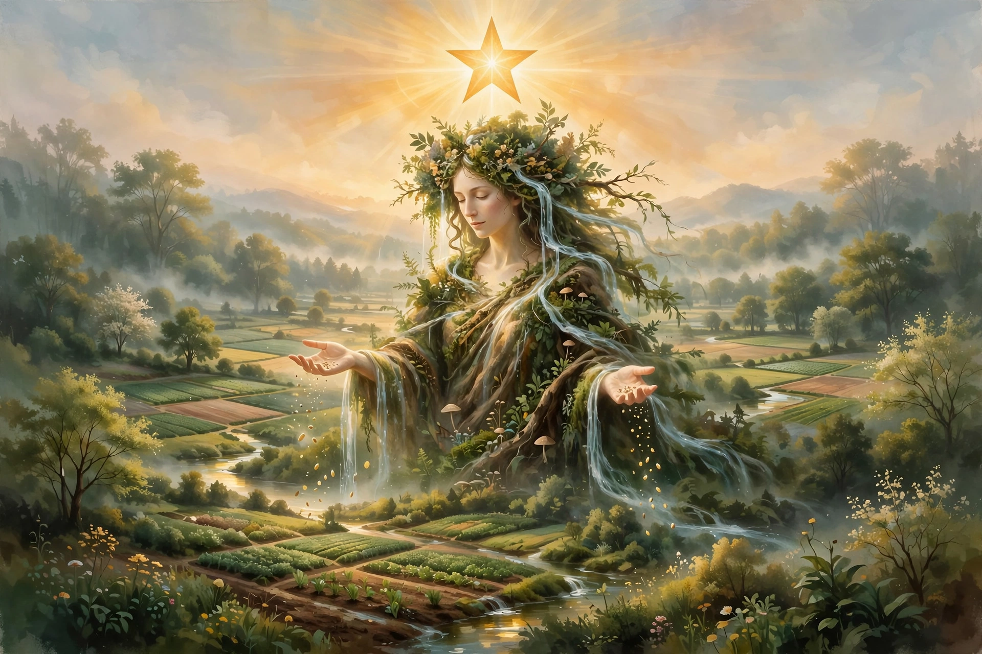 Pintura digital de estilo mitológico representando a Mãe Natureza como uma divindade feminina monumental integrada à paisagem de vales verdejantes e campos cultivados. Ela tem cabelos longos adornados com folhas e videiras, usa uma coroa de flores e plantas, e pequenas cachoeiras de água fluem de seus braços abertos enquanto ela semeia grãos dourados sobre a terra. Acima de sua cabeça, no céu claro, brilha uma grande estrela majestosa de cinco pontas envolta em raios de luz dourada.