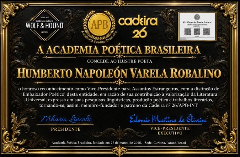 Diploma concedido a Humberto Napoleón Varela Robalino, pla Academia  Poética Brasileira 
