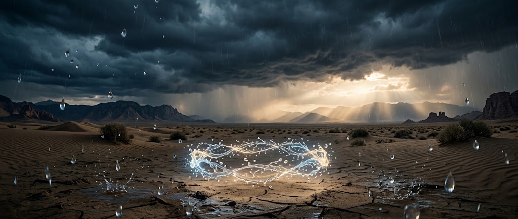 Uma fotografia cinematográfica e surreal de um vasto deserto sob nuvens escuras de tempestade. Grandes gotas de chuva cristalinas caem sobre o solo seco e rachado, enquanto algumas gotas se entrelaçam no ar, formando uma coroa luminosa e delicada feita de água que flutua a poucos centímetros da areia. Ao fundo, raios solares dourados e dramáticos rompem as nuvens escuras, iluminando o horizonte distante com um brilho suave e místico.