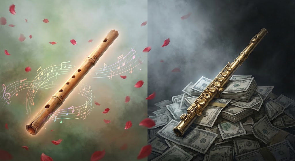 Pintura digital conceitual mostrando uma flauta rústica emitindo notas musicais luminosas ao lado de uma flauta de ouro maciço silenciosa sobre notas de dinheiro, ilustrando o poema de Surendra Nagaraju.
