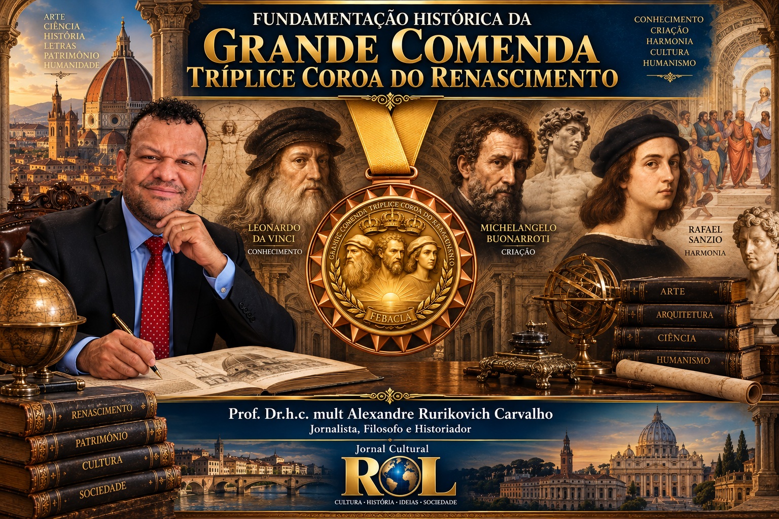 Capa promocional com o título "Fundamentação Histórica da Grande Comenda Tríplice Coroa do Renascimento". À esquerda, foto do Prof. Dr.h.c. mult Alexandre Rurikovich Carvalho sorrindo e assinando um documento. Ao centro, a medalha dourada da comenda FEBACLA acompanhada pelas ilustrações dos mestres renascentistas Leonardo da Vinci, Michelangelo Buonarroti e Rafael Sanzio, com a logo do Jornal Cultural ROL na parte inferior.