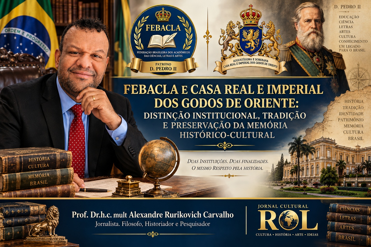 Banner digital do Jornal Cultural ROL destacando o artigo do Prof. Dr.h.c. mult Alexandre Rurikovich Carvalho. À esquerda, o autor aparece sorrindo, de terno e gravata vermelha, sentado em uma escrivaninha de madeira com livros antigos empilhados e um globo terrestre dourado. No centro, o título principal diz: 'FEBACLA E CASA REAL E IMPERIAL DOS GODOS DE ORIENTE: DISTINÇÃO INSTITUCIONAL, TRADIÇÃO E PRESERVAÇÃO DA MEMÓRIA HISTÓRICO-CULTURAL', seguido pela frase 'Duas Instituições. Duas Finalidades. O mesmo respeito pela história'. No topo, figuram os brasões oficiais da FEBACLA (com a inscrição Patrono D. Pedro II) e da Augustíssima e Soberana Casa Real e Imperial dos Godos de Oriente, ladeados pelas bandeiras do Brasil e de uma pintura clássica de Dom Pedro II. O plano de fundo mostra uma transição sutil para uma imagem do Museu Nacional no Rio de Janeiro. No rodapé azul-escuro, constam os créditos ao autor como Jornalista, Filósofo, Historiador e Pesquisador, ao lado do logotipo do Jornal Cultural ROL.