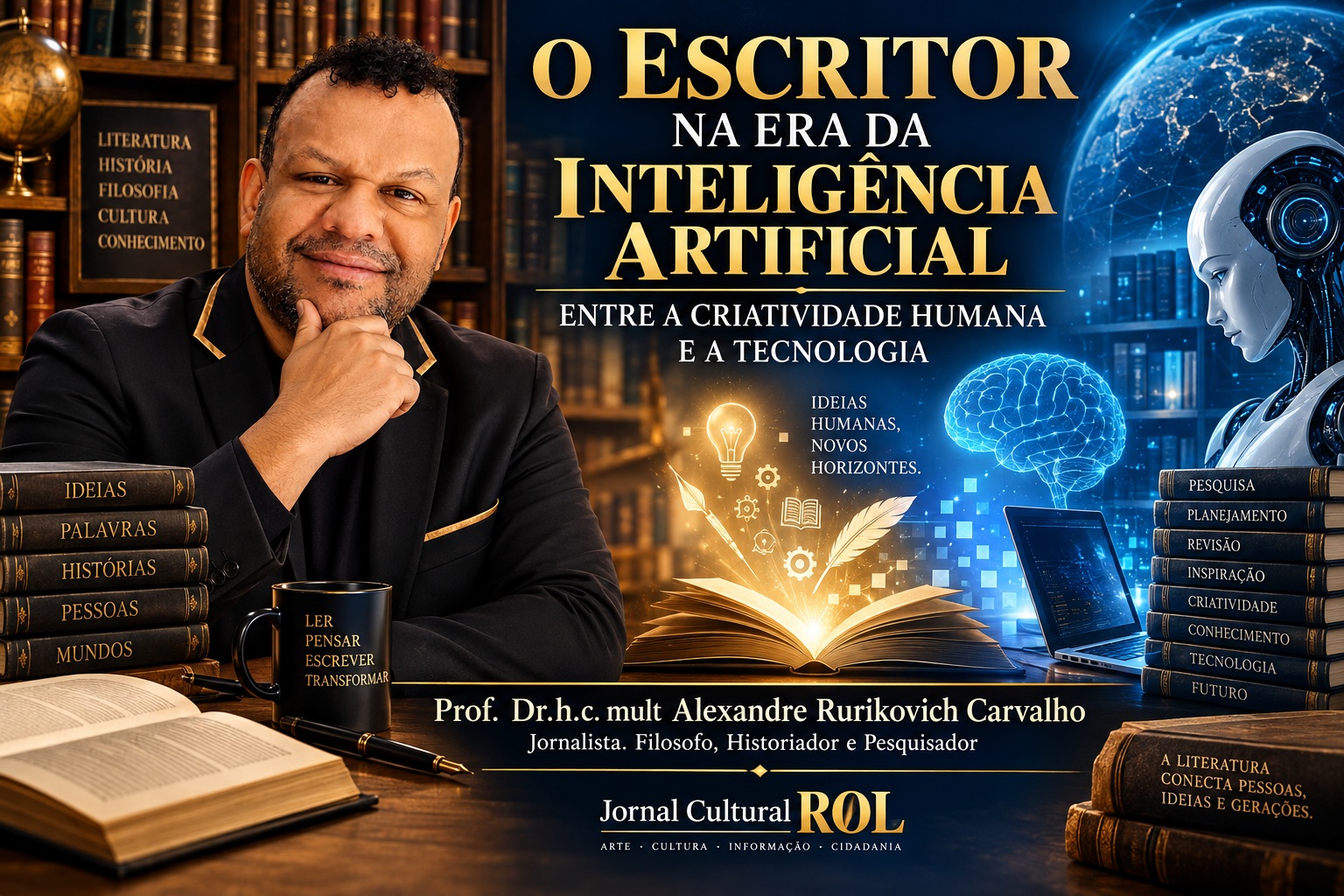 Banner digital do Jornal Cultural ROL com a foto do Prof. Dr.h.c. mult Alexandre Rurikovich Carvalho à esquerda. O título central diz "O Escritor na era da Inteligência Artificial: Entre a criatividade humana e a tecnologia". Elementos visuais dividem a imagem: livros antigos empilhados e uma caneta tinteiro representam a escrita tradicional humana, enquanto um livro aberto emite luz com ícones de engrenagens, um cérebro digital, um notebook e a silhueta de um robô futurista simbolizam a tecnologia.