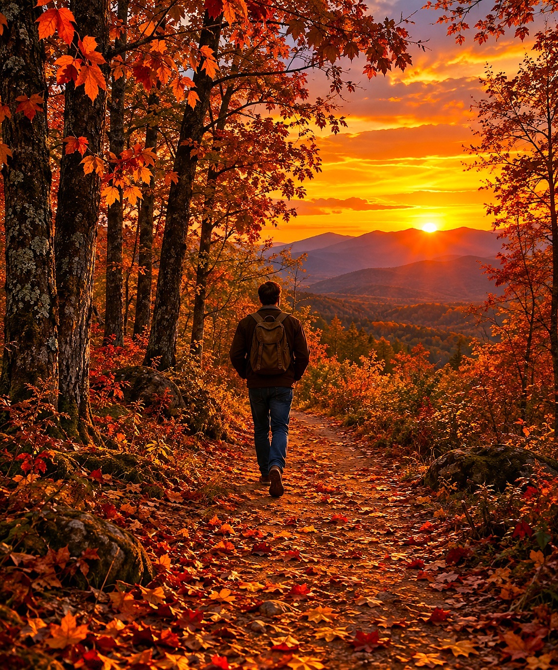 Um caminhante caminha por uma trilha na floresta de outono em direção a um pôr do sol dourado e vistas de montanha. O chão é coberto por folhas de outono laranja e vermelho-alaranjadas, que também enquadram a vista por meio de galhos que descem do céu. O sol está brilhando no topo do pico central das montanhas. O caminhante carrega uma mochila marrom e tem as mãos nos bolsos enquanto caminha pela trilha de terra.