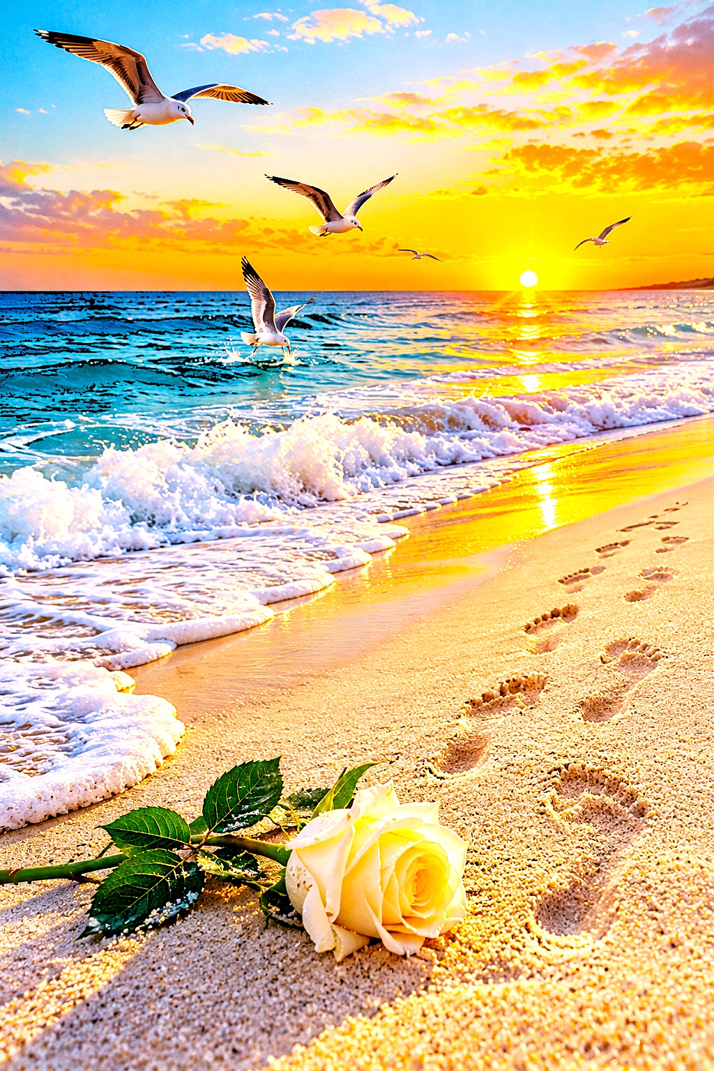 Fotografia em cores vibrantes de uma praia tropical durante o pôr do sol. Em primeiro plano, uma rosa branca com haste e folhas verdes está deitada na areia dourada. Ao lado da rosa, vê-se uma sequência de pegadas descalças a estender-se ao longo da margem. À esquerda, pequenas ondas com espuma branca banham o mar de águas turquesa. No céu alaranjado e dourado pelo sol nascente ou poente, várias gaivotas voam baixinho sobre o oceano.