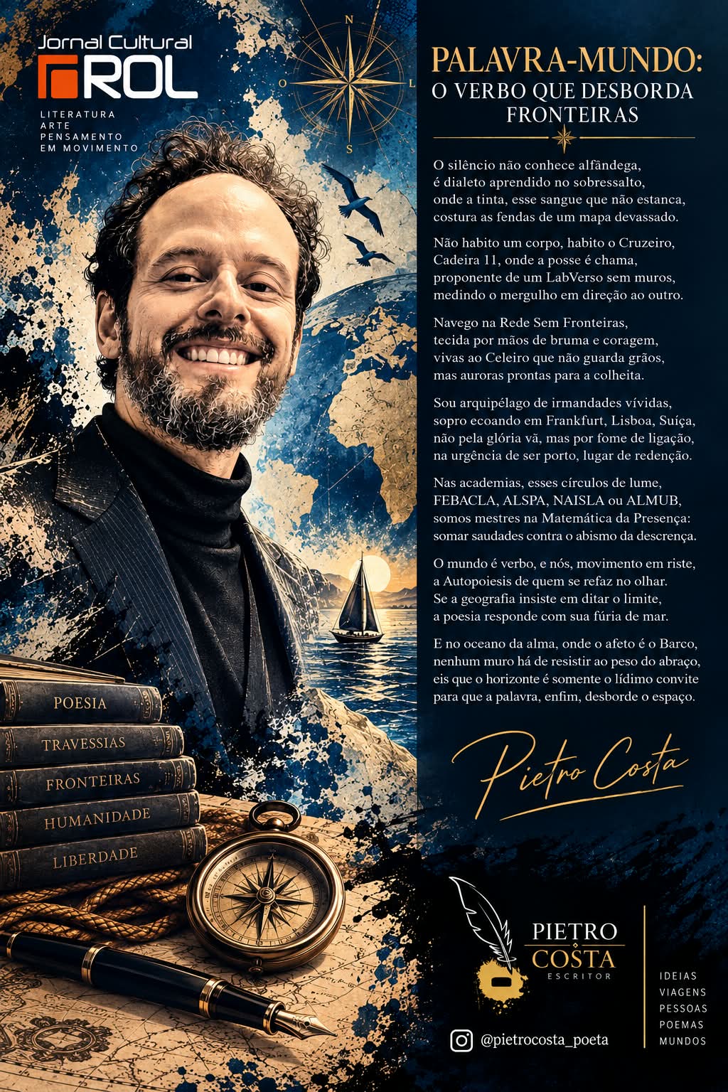 Pietro Costa em composição artística sobre poesia, viagens e fronteiras, com mapa, bússola, barco e livros
