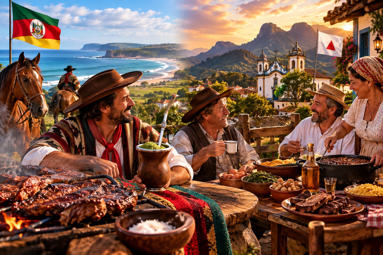 Colagem digital que une a cultura gaúcha e a mineira em uma mesa fartamente servida ao ar livre. Do lado esquerdo, homens com trajes gauchos, churrasco na brasa, chimarrão, cavalos e paisagem praiana sob a bandeira do Rio Grande do Sul. Do lado direito, uma mesa com feijão tropeiro e pratos típicos, pessoas sorrindo, arquitetura colonial mineira e montanhas ao pôr do sol, sob a bandeira de Minas Gerais.