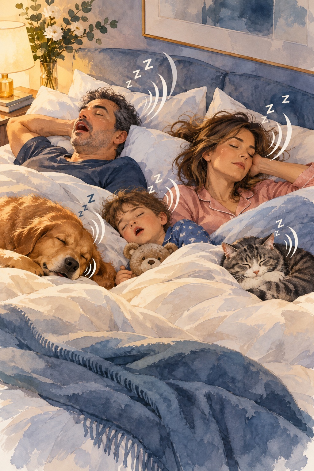 Uma ilustração detalhada com textura de pintura a aguarela retrata uma cena aconchegante num quarto iluminado com luz quente. Uma família de três pessoas — um homem, uma mulher e um menino —, juntamente com um cão Golden Retriever e um gato malhado cinzento, dormem juntos numa cama de casal com edredão e almofadas fofas em tons de azul e branco. Ao centro e à esquerda: O homem dorme de costas com a boca aberta a ressonar. Ao centro e à direita: A mulher dorme de lado, vestida com um pijama cor-de-rosa. Entre eles: O menino dorme descansadamente a abraçar um urso de peluche castanho. Nos cantos da cama: O Golden Retriever dorme do lado esquerdo e o gato malhado dorme enrolado do lado direito. Elementos visuais: Por cima da cabeça de cada um dos cinco integrantes, surgem ilustrações brancas com a letra "Z" e ondas sonoras curvadas, indicando que todos estão a ressonar ou a dormir profundamente num ambiente acolhedor.
