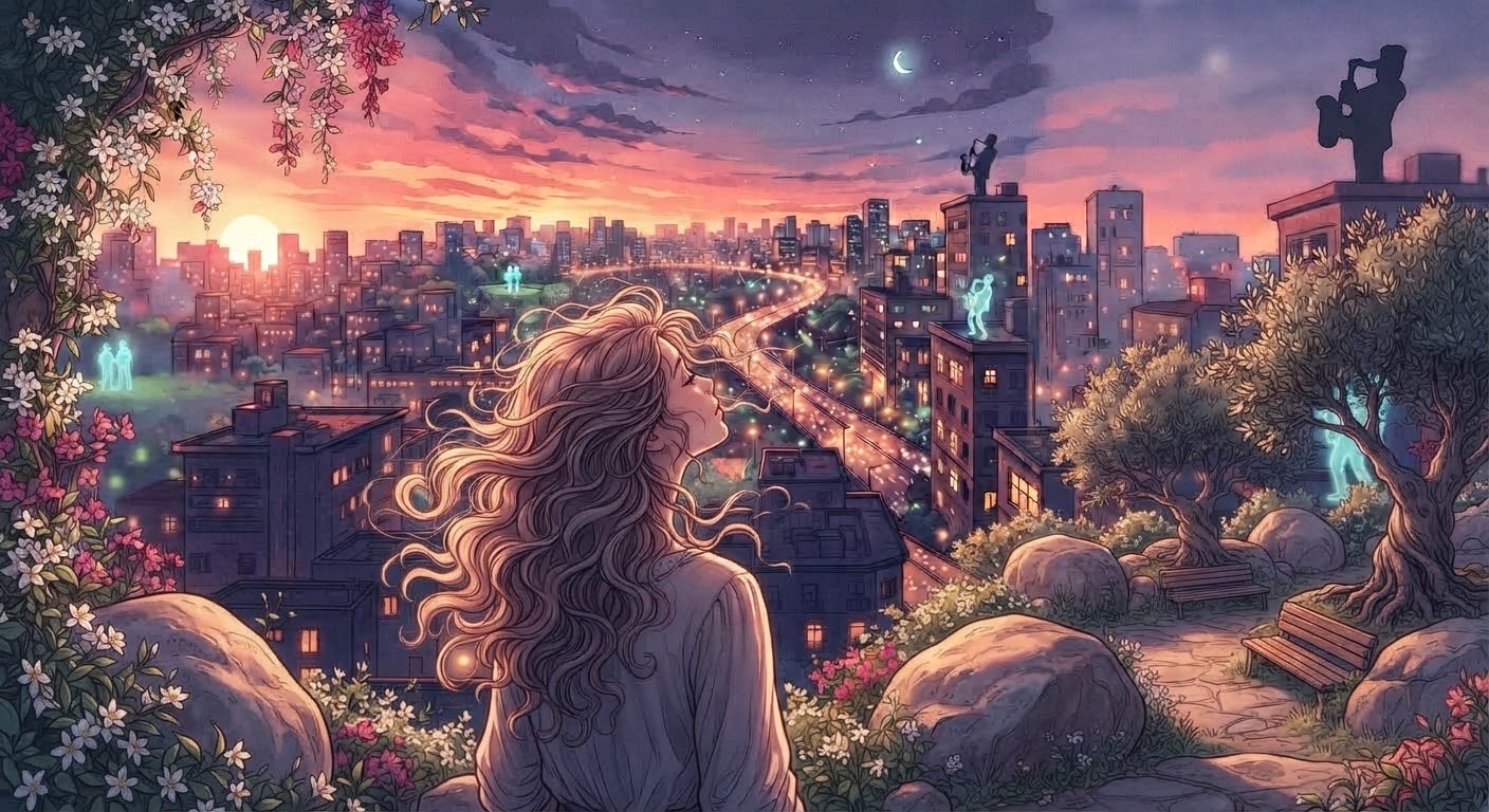 Ilustração de uma mulher observando o pôr do sol sobre uma cidade vista do alto, cercada por flores, pedras e sombras de saxofonistas nos prédios.