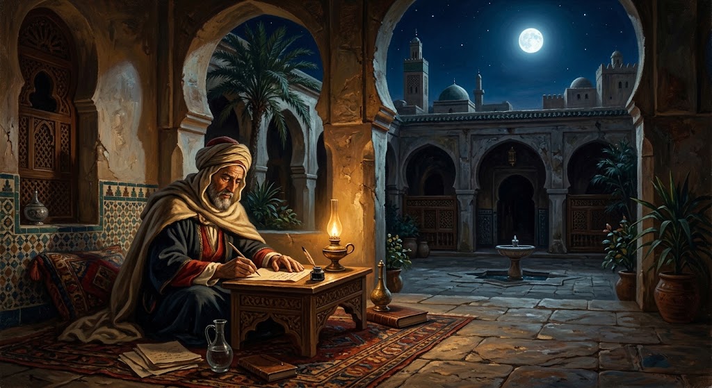 Pintura artística de poeta argelino escrevendo sob a luz do luar em Tlemcen, ilustrando a matéria sobre o poema Amantes da Beleza.