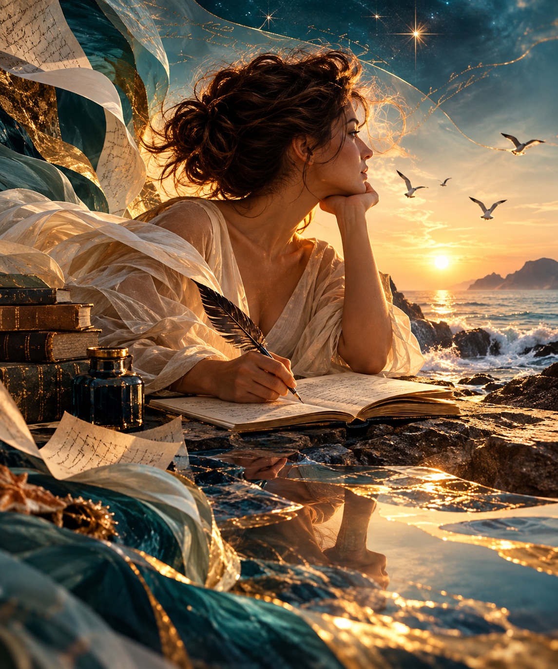 Mulher escreve em um caderno à beira-mar ao pôr do sol, cercada por livros, folhas e manuscritos, em cenário dourado e poético.