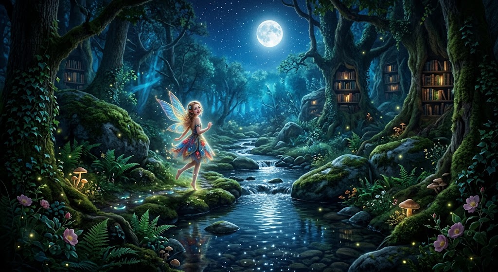 Ilustração mágica de uma fada sorridente dançando à beira de um riacho sob a luz da lua cheia, em uma floresta encantada à noite com livros embutidos nos troncos das árvores e rosas brilhantes.