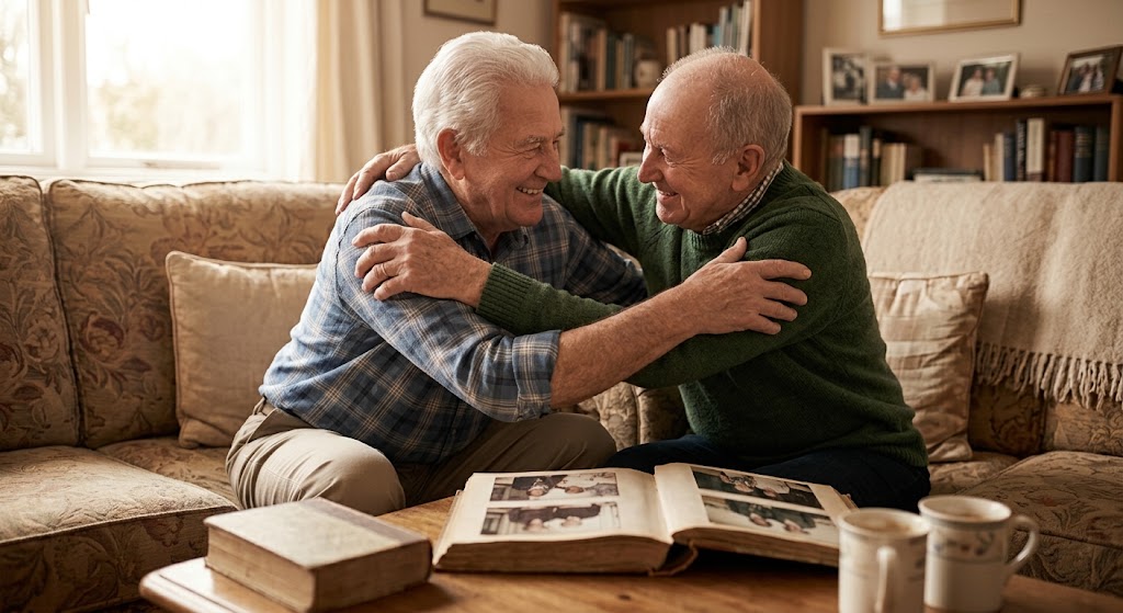 Dois homens idosos e brancos, com cabelos brancos, estão sentados em um sofá acolhedor, abraçando-se calorosamente enquanto olham um álbum de fotos aberto em uma mesa de centro. Eles estão sorrindo e parecem felizes e à vontade um com o outro. O homem à esquerda está usando uma camisa xadrez azul e o homem à direita está usando um suéter verde. O ambiente é aconchegante, com prateleiras de livros e fotos emolduradas ao fundo. A luz natural entra por uma janela próxima.
