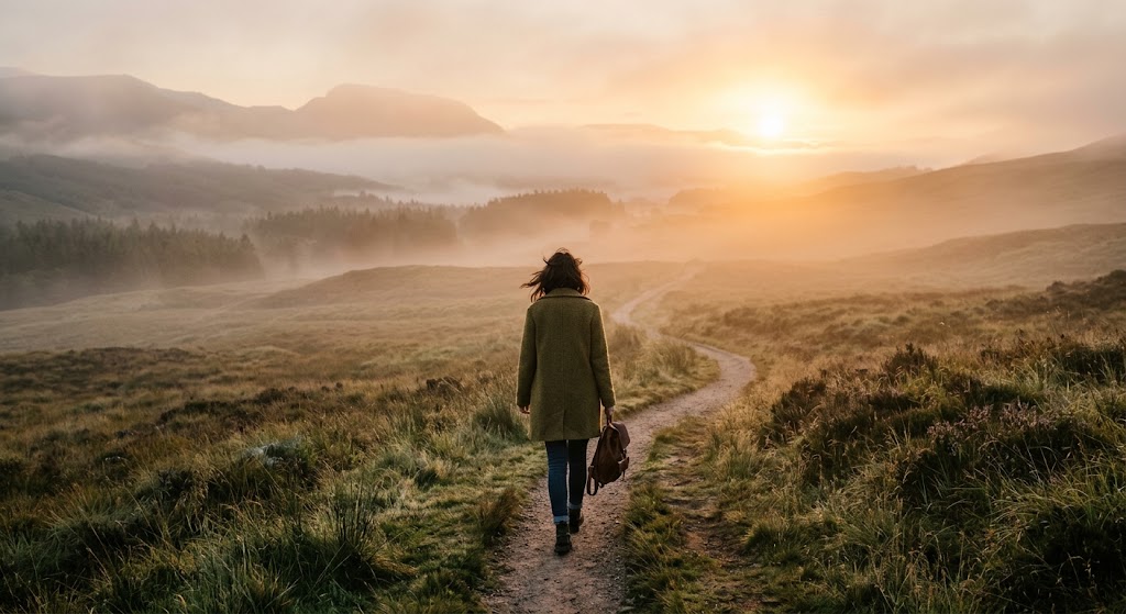 Fotografia poética de uma jovem caminhando por uma estrada de terra sinuosa ao amanhecer, cercada por névoa e luz dourada, simbolizando os caminhos da vida.