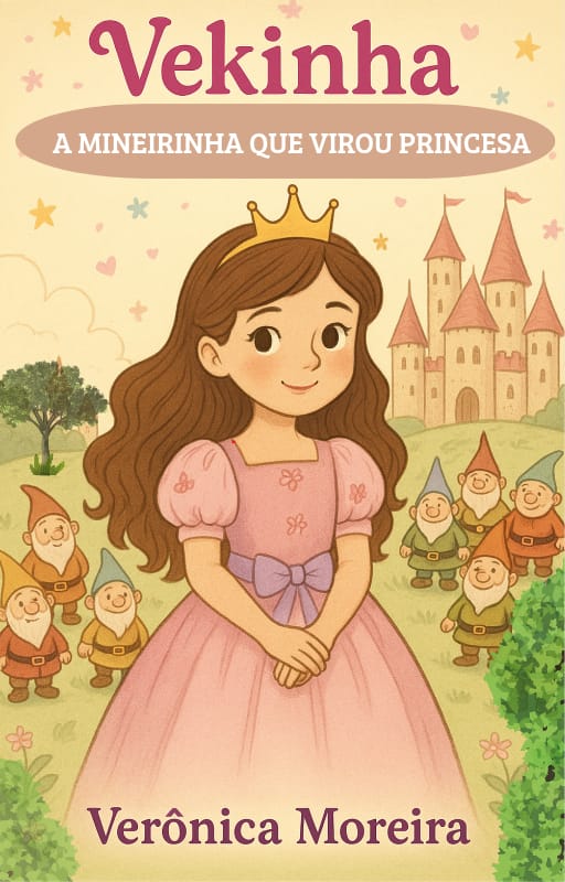 Capa do livro infantil "Vekinha: A mineirinha que virou princesa", de Verônica Moreira. Ao centro, uma jovem princesa sorridente com vestido cor-de-rosa e coroa dourada, cercada por gnomos de jardim, com um castelo ao fundo.