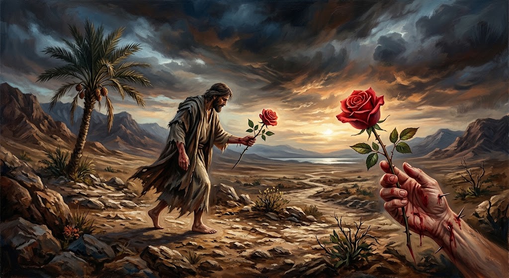 Pintura a óleo de estilo dramático e poético retratando uma paisagem de deserto árido sob um céu tempestuoso ao pôr do sol. No canto inferior direito, em primeiro plano, uma mão ferida e sangrando segura uma rosa vermelha vibrante, cujos espinhos afiados estão cravados na pele. Ao fundo, uma figura solitária com túnica desgastada caminha por um caminho de pedras em direção ao horizonte iluminado, onde montanhas e um corpo de água distante marcam o encontro entre o céu escuro e a terra. No deserto, destacam-se uma palmeira com frutos e vegetação rasteira.