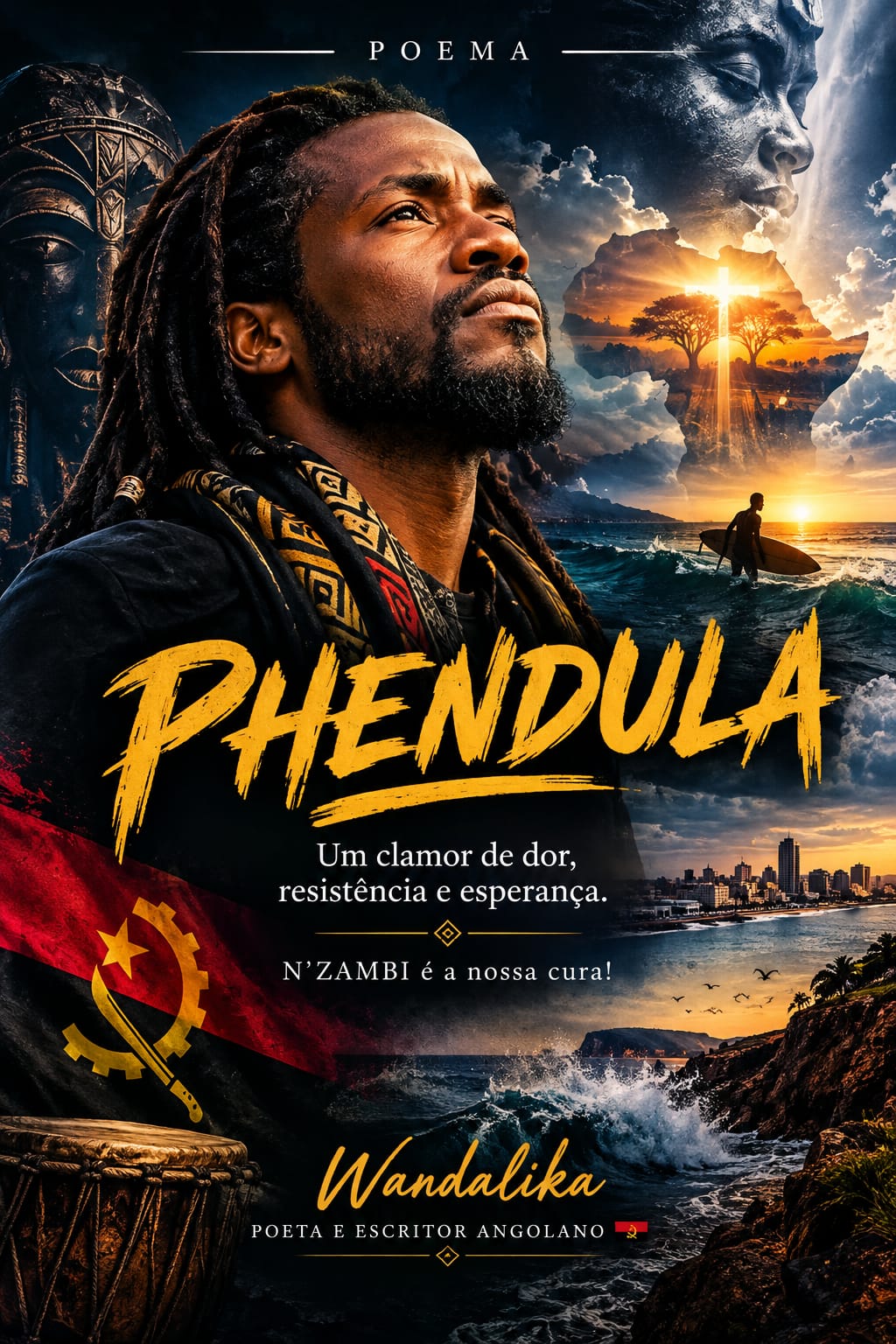 Cartaz promocional do poema "PHENDULA" do autor Wandalika. Destaca-se o retrato de um homem negro de dreadlocks com traje tradicional. Em fundo surgem elementos como a bandeira de Angola, um tambor, o mapa de África, uma praia ao pôr do sol e uma escultura africana. No centro, lê-se: "Um clamor de dor, resistência e esperança" e "N’ZAMBI é a nossa cura!".