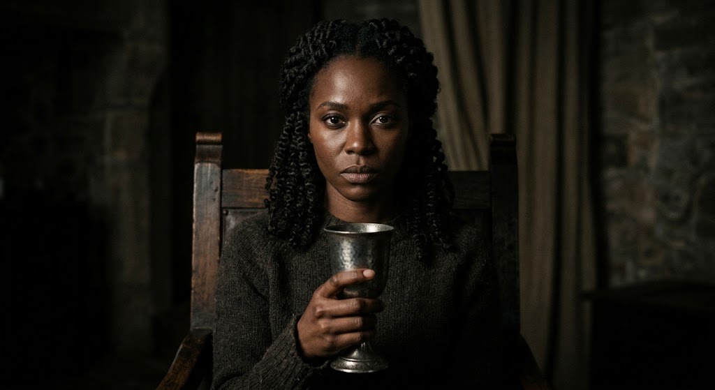 Uma jovem negra com tranças africanas e olhar introspectivo, usando um suéter escuro, está sentada em uma cadeira de madeira antiga. Ela segura um cálice de estanho martelado e uma colher de prata, prestes a saborear uma refeição em um ambiente rústico e acolhedor, com paredes de pedra e iluminação suave de velas ao fundo.